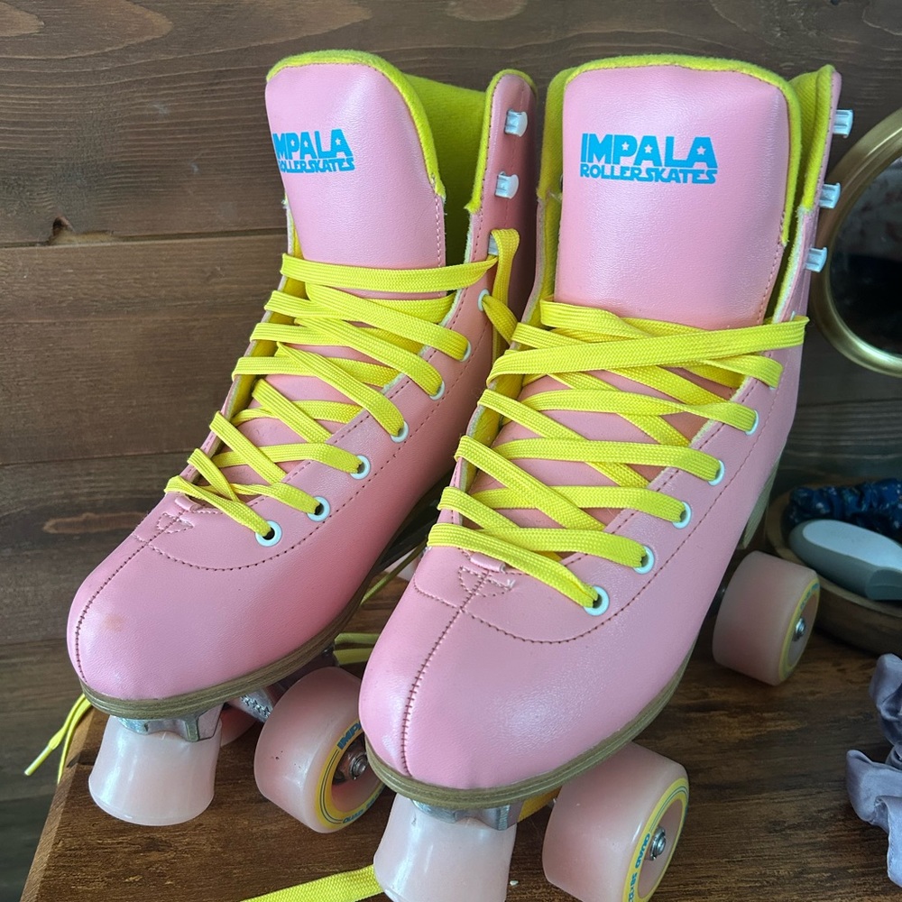 Impala Pink Roller Skates with Yellow Laces